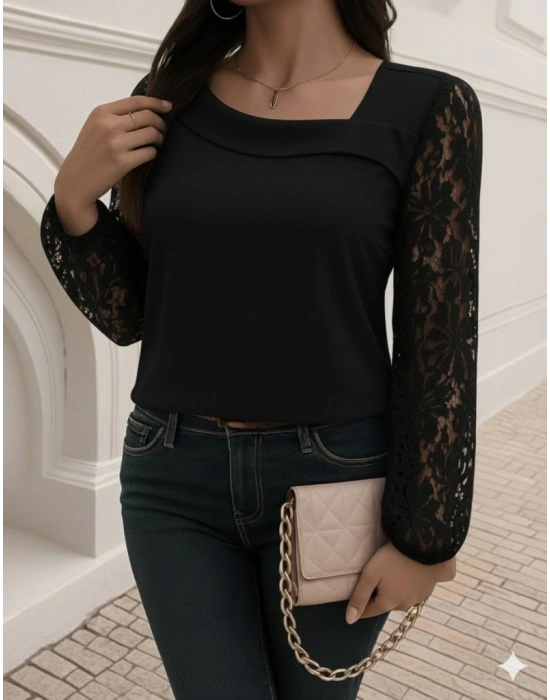 Kadın Uzun Kollu Asimetrik Yakalı Dantelli Ithal Krep Bluz