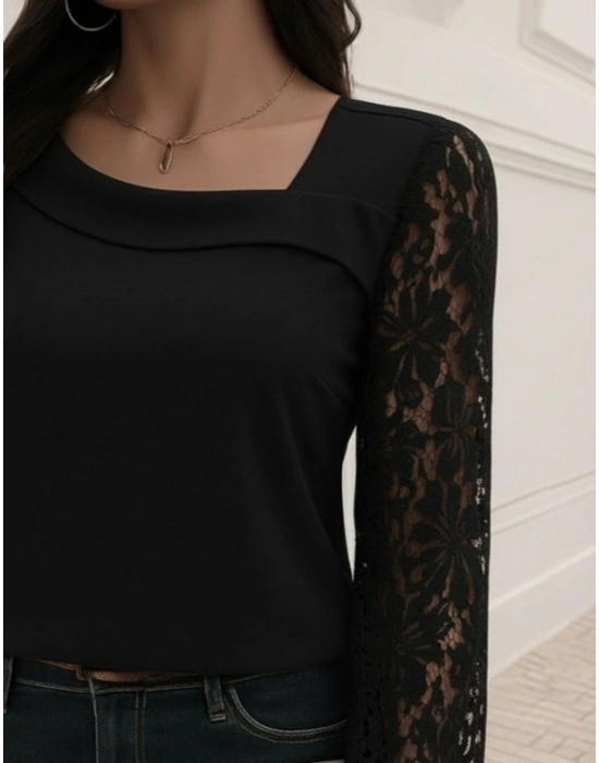 Kadın Uzun Kollu Asimetrik Yakalı Dantelli Ithal Krep Bluz
