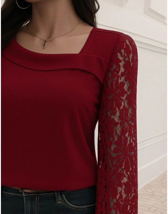Kadın Uzun Kollu Asimetrik Yakalı Dantelli Ithal Krep Bluz