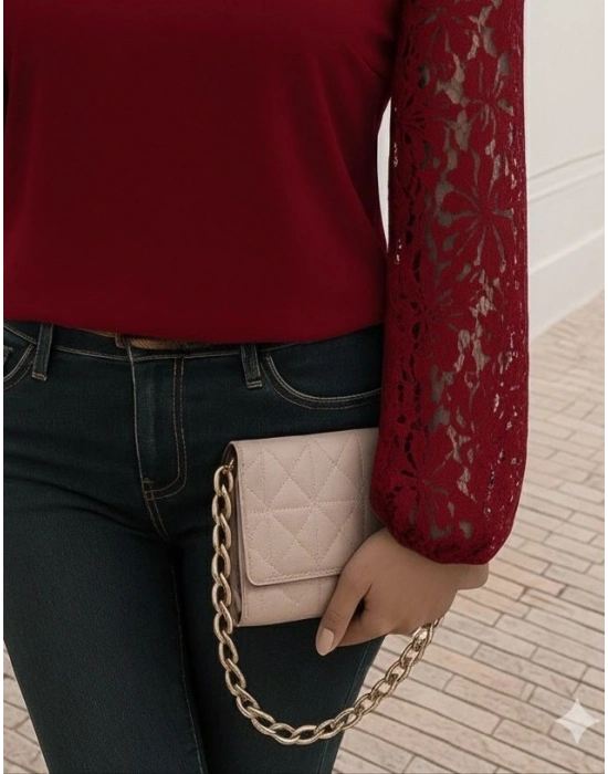 Kadın Uzun Kollu Asimetrik Yakalı Dantelli Ithal Krep Bluz