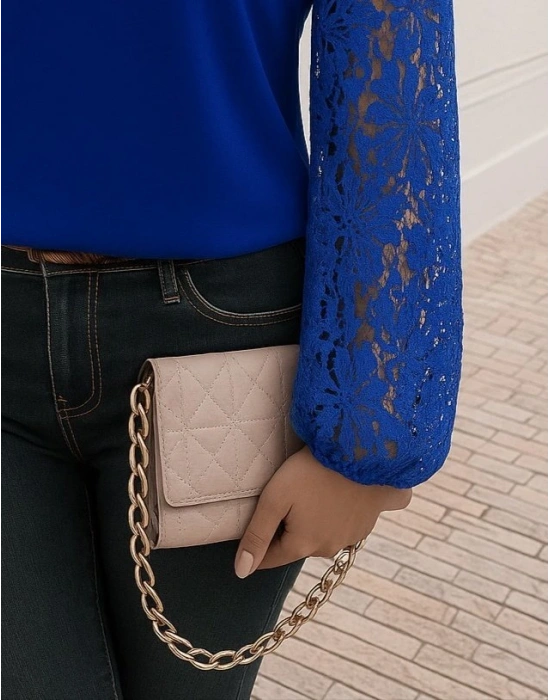 Kadın Uzun Kollu Asimetrik Yakalı Dantelli Ithal Krep Bluz