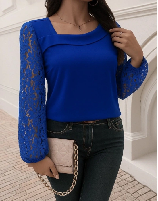 Kadın Uzun Kollu Asimetrik Yakalı Dantelli Ithal Krep Bluz