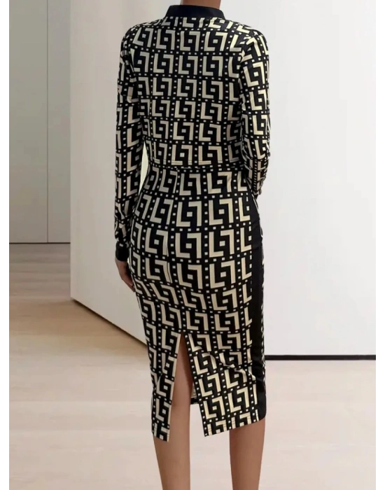 Kadın Uzun Kollu Askılı Yuvarlak Yaka Desenli Dalgıç Bluz Ceket Ve Etek üçlü Takım