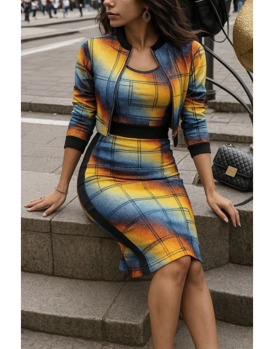 Kadın Uzun Kollu Askılı Yuvarlak Yaka Desenli Dalgıç Bluz Ceket Ve Etek üçlü Takım