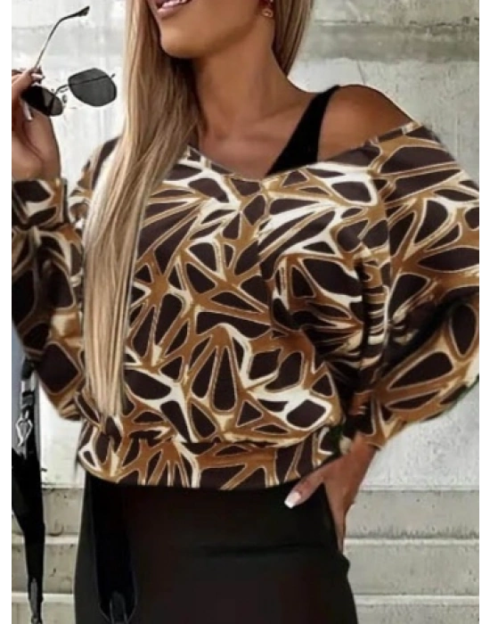 Kadın Uzun Kollu Askılı Yuvarlak Yakalı Yırtmaçlı Dalgıç Elbise Ile Yakalı Yunan Desenli Bluz Ikili Takım