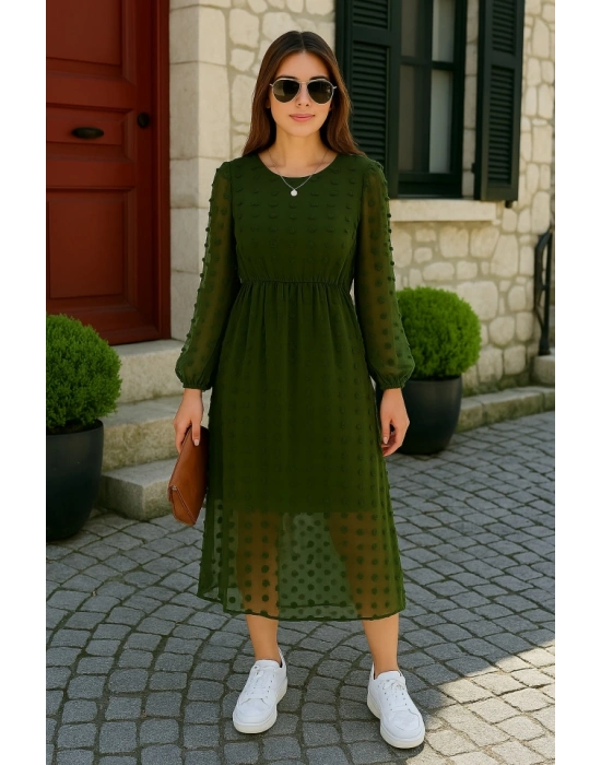 Kadın Uzun Kollu Astar Detay Fırsat ürün Ponpon şifon Elbise