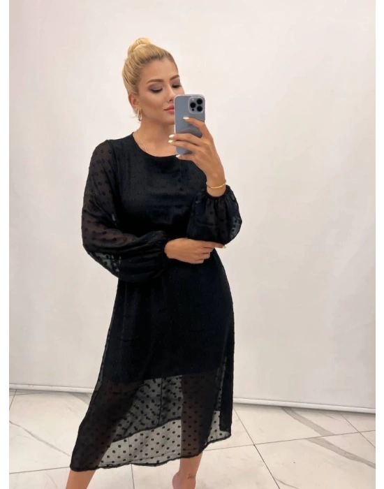 Kadın Uzun Kollu Astar Detay Fırsat ürün Ponpon şifon Elbise