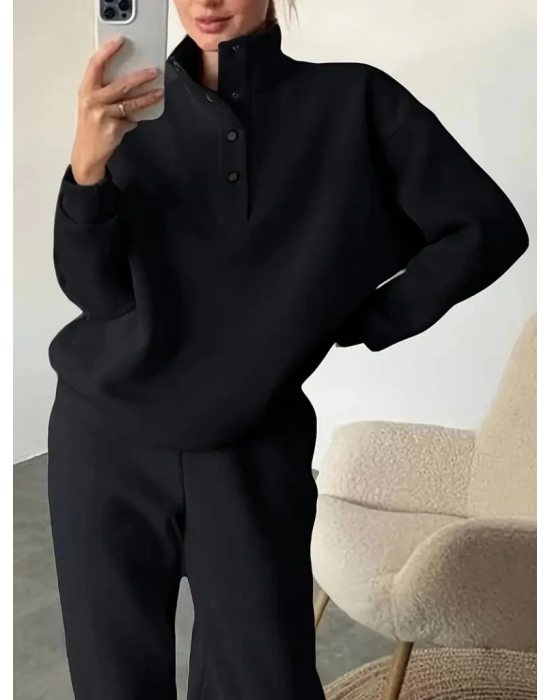 Kadın Uzun Kollu Balıkçı Dik Yakalı Düğmeli üç Iplik Bluz Ve Pantolon Ikili Takım