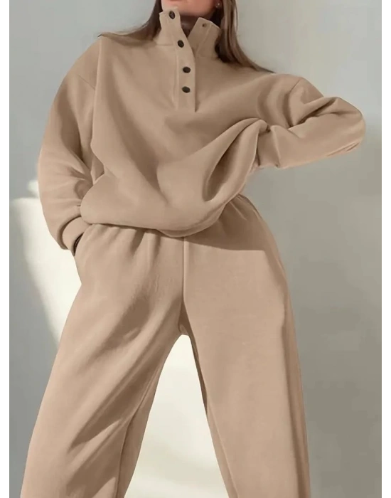 Kadın Uzun Kollu Balıkçı Dik Yakalı Düğmeli üç Iplik Bluz Ve Pantolon Ikili Takım