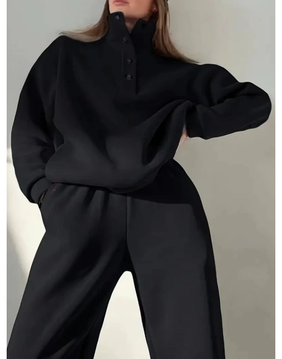 Kadın Uzun Kollu Balıkçı Dik Yakalı Düğmeli üç Iplik Bluz Ve Pantolon Ikili Takım