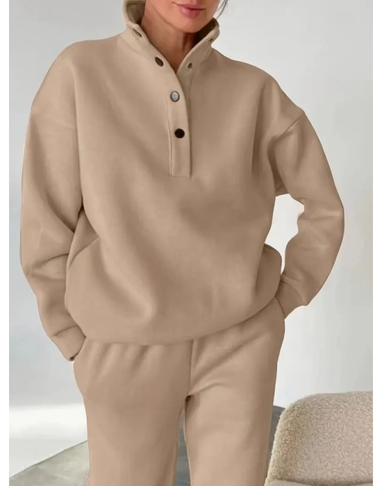 Kadın Uzun Kollu Balıkçı Dik Yakalı Düğmeli üç Iplik Bluz Ve Pantolon Ikili Takım