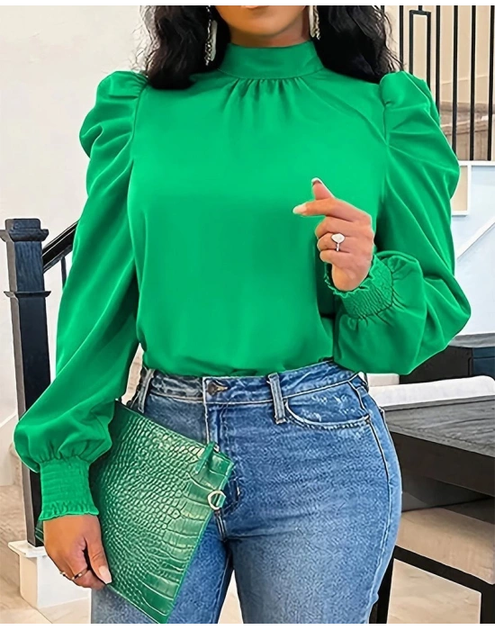 Kadın Uzun Kollu Balıkçı Yaka Arkadan Bağlamalı Omuzlardan Balon Ithal Krep Bluz