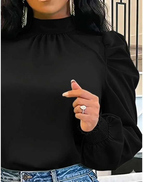 Kadın Uzun Kollu Balıkçı Yaka Arkadan Bağlamalı Omuzlardan Balon Ithal Krep Bluz