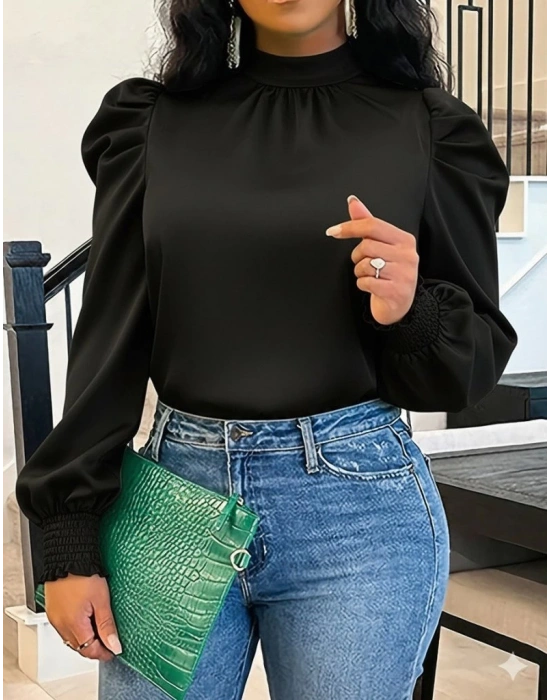 Kadın Uzun Kollu Balıkçı Yaka Arkadan Bağlamalı Omuzlardan Balon Ithal Krep Bluz