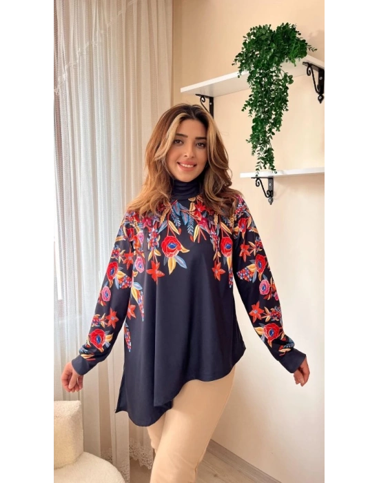 Kadın Uzun Kollu Balıkçı Yaka Asimetrik Kesim Dalgıç Kumaş Bluz