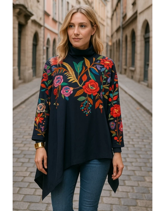 Kadın Uzun Kollu Balıkçı Yaka Asimetrik Kesim Dalgıç Kumaş Bluz