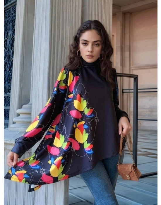 Kadın Uzun Kollu Balıkçı Yaka Asimetrik Kesim Dalgıç Kumaş Bluz