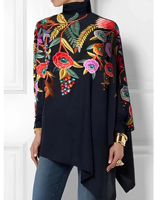 Kadın Uzun Kollu Balıkçı Yaka Asimetrik Kesim Dalgıç Kumaş Bluz