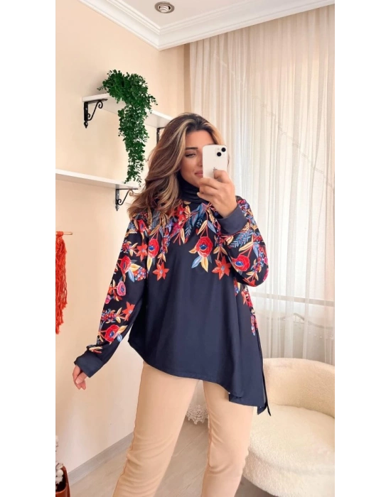 Kadın Uzun Kollu Balıkçı Yaka Asimetrik Kesim Dalgıç Kumaş Bluz