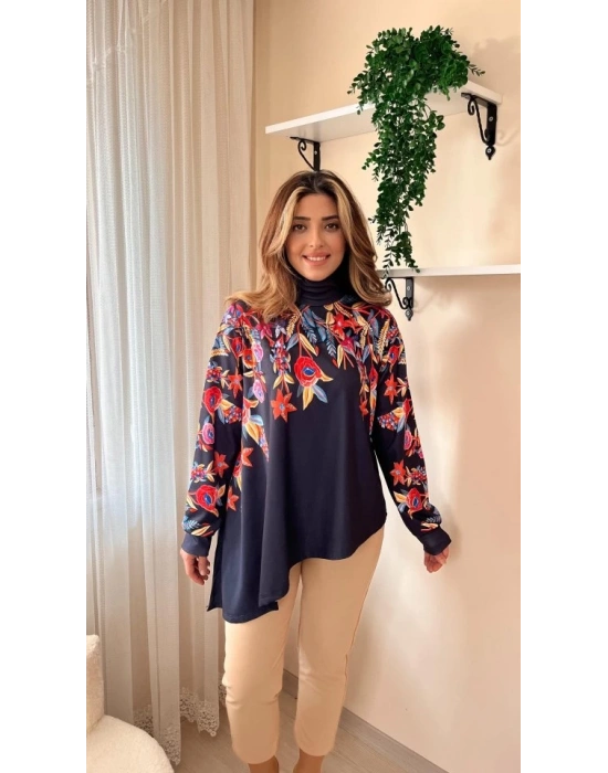 Kadın Uzun Kollu Balıkçı Yaka Asimetrik Kesim Dalgıç Kumaş Bluz