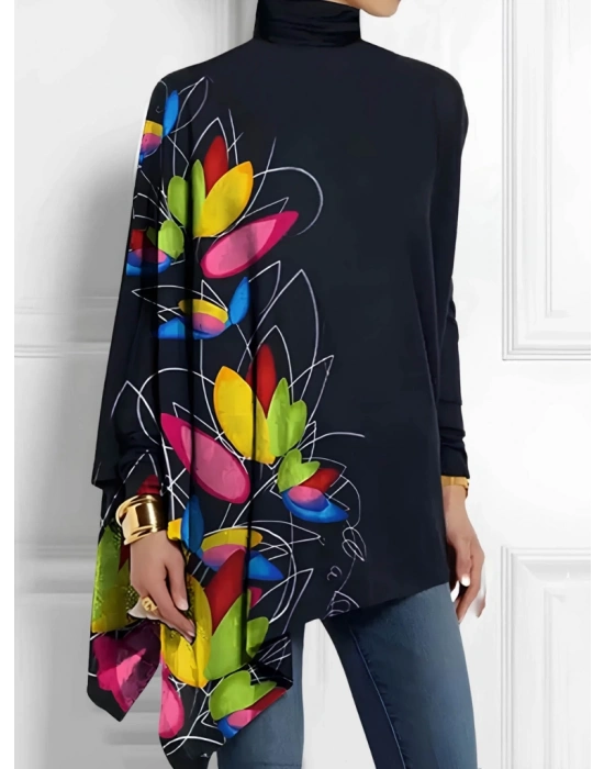 Kadın Uzun Kollu Balıkçı Yaka Asimetrik Kesim Mikro Bluz