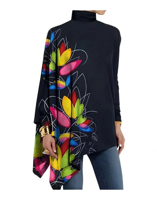 Kadın Uzun Kollu Balıkçı Yaka Asimetrik Kesim Mikro Bluz