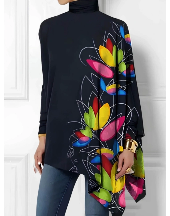 Kadın Uzun Kollu Balıkçı Yaka Asimetrik Kesim Mikro Bluz