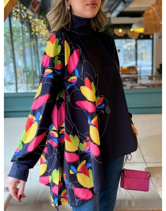 Kadın Uzun Kollu Balıkçı Yaka Asimetrik Kesim Mikro Bluz