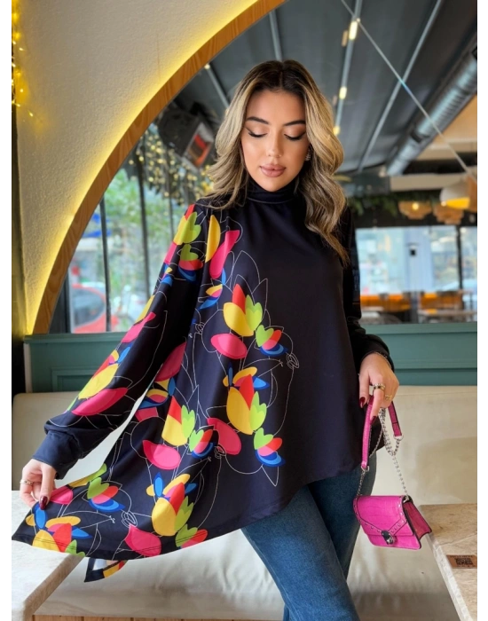 Kadın Uzun Kollu Balıkçı Yaka Asimetrik Kesim Mikro Bluz