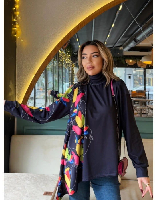 Kadın Uzun Kollu Balıkçı Yaka Asimetrik Kesim Mikro Bluz