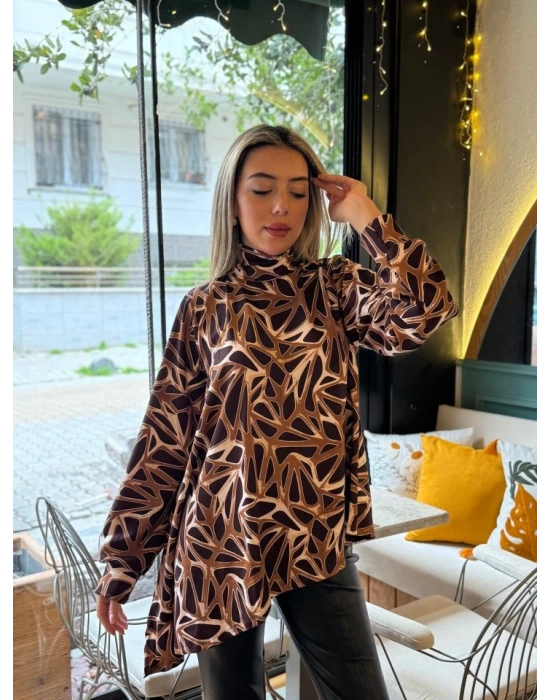 Kadın Uzun Kollu Balıkçı Yaka Asimetrik Kesim Salaş Bluz