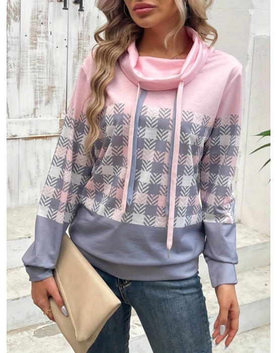 Kadın Uzun Kollu Balıkçı Yaka Bağcıklı Desenli şardonlu Dalgıç Bluz