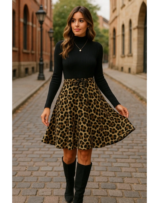 Kadın Uzun Kollu Balıkçı Yaka Belden Bağlamalı üst Kaşkorse Eteği Dalgıç Elbise