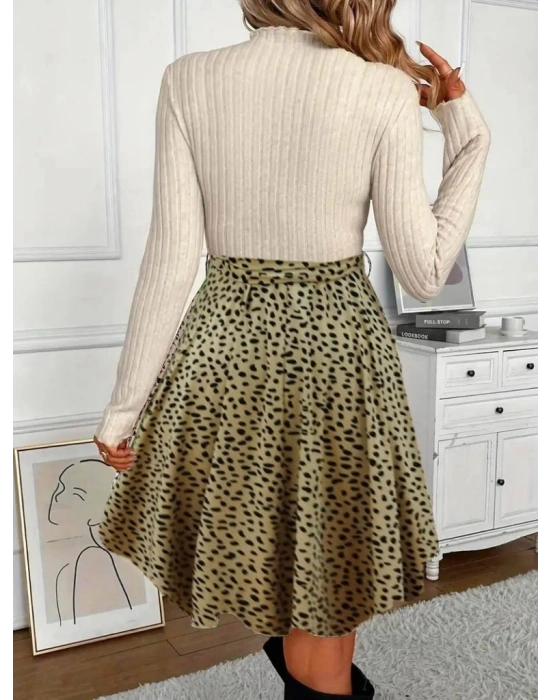 Kadın Uzun Kollu Balıkçı Yaka Belden Bağlamalı üst Kaşkorse Eteği Dalgıç Elbise