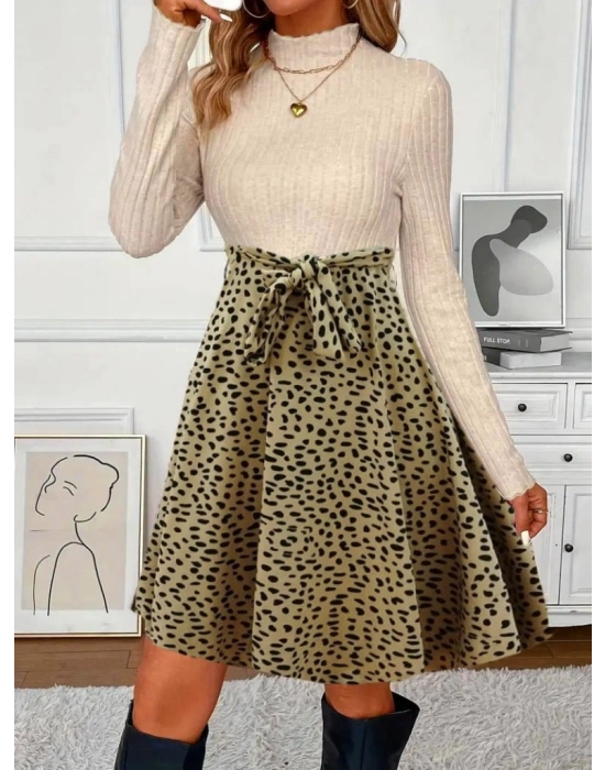 Kadın Uzun Kollu Balıkçı Yaka Belden Bağlamalı üst Kaşkorse Eteği Dalgıç Elbise