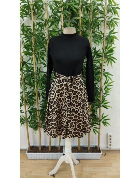 Kadın Uzun Kollu Balıkçı Yaka Belden Bağlamalı üst Kaşkorse Eteği Dalgıç Elbise