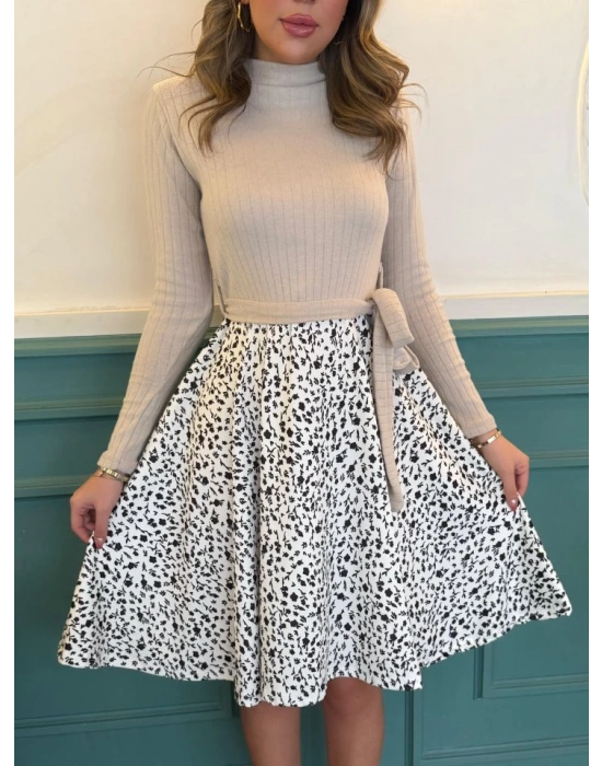 Kadın Uzun Kollu Balıkçı Yaka Belden Bağlamalı üst Kaşkorse Eteği Dalgıç Kısa Elbise