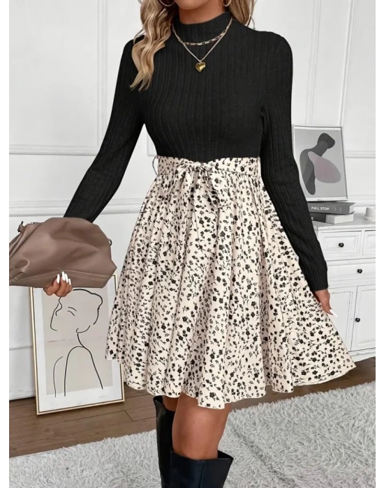 Kadın Uzun Kollu Balıkçı Yaka Belden Bağlamalı üst Kaşkorse Eteği Dalgıç Kısa Elbise