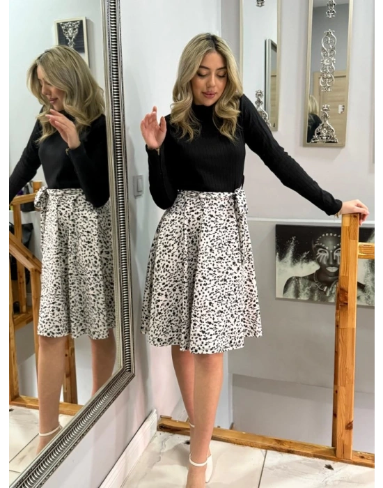 Kadın Uzun Kollu Balıkçı Yaka Belden Bağlamalı üst Kaşkorse Eteği Dalgıç Kısa Elbise