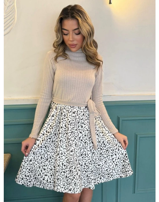 Kadın Uzun Kollu Balıkçı Yaka Belden Bağlamalı üst Kaşkorse Eteği Dalgıç Kısa Elbise