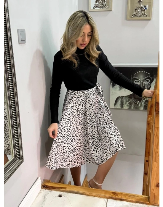 Kadın Uzun Kollu Balıkçı Yaka Belden Bağlamalı üst Kaşkorse Eteği Dalgıç Kısa Elbise