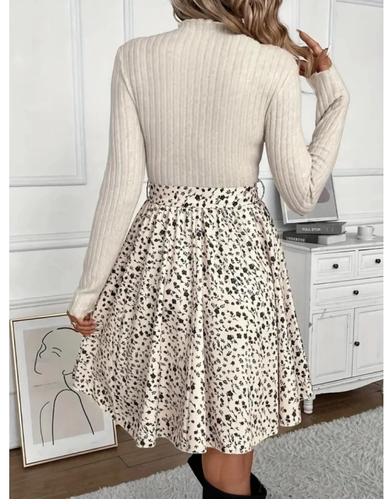 Kadın Uzun Kollu Balıkçı Yaka Belden Bağlamalı üst Kaşkorse Eteği Dalgıç Kısa Elbise