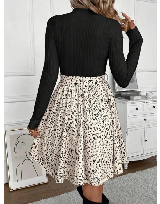 Kadın Uzun Kollu Balıkçı Yaka Belden Bağlamalı üst Kaşkorse Eteği Dalgıç Kısa Elbise