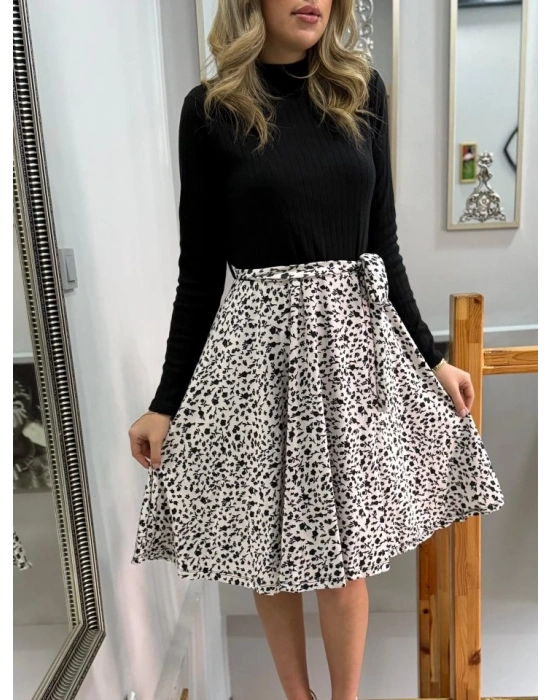 Kadın Uzun Kollu Balıkçı Yaka Belden Bağlamalı üst Kaşkorse Eteği Dalgıç Kısa Elbise