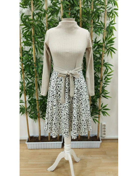 Kadın Uzun Kollu Balıkçı Yaka Belden Bağlamalı üst Kaşkorse Eteği Dalgıç Kısa Elbise