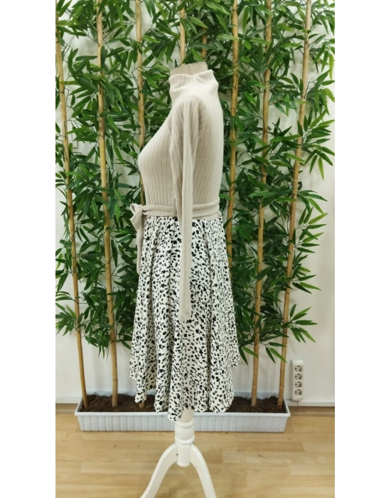 Kadın Uzun Kollu Balıkçı Yaka Belden Bağlamalı üst Kaşkorse Eteği Dalgıç Kısa Elbise