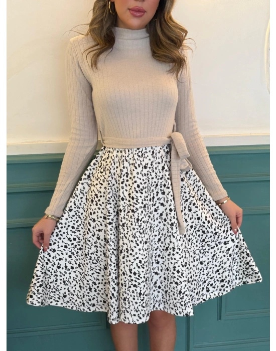 Kadın Uzun Kollu Balıkçı Yaka Belden Bağlamalı üst Kaşkorse Eteği Dalgıç Kısa Elbise