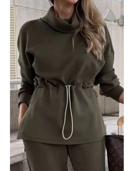 Kadın Uzun Kollu Balıkçı Yaka Belden Lastikli Modal Bluz Ve Pantolon Ikili Takım