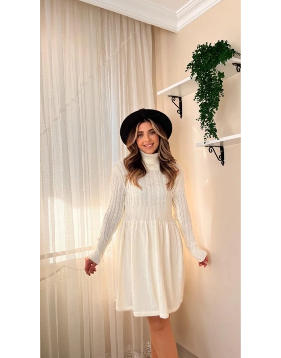 Kadın Uzun Kollu Balıkçı Yaka Belden Yaka Belden Büzgülü Kısa Triko Elbise