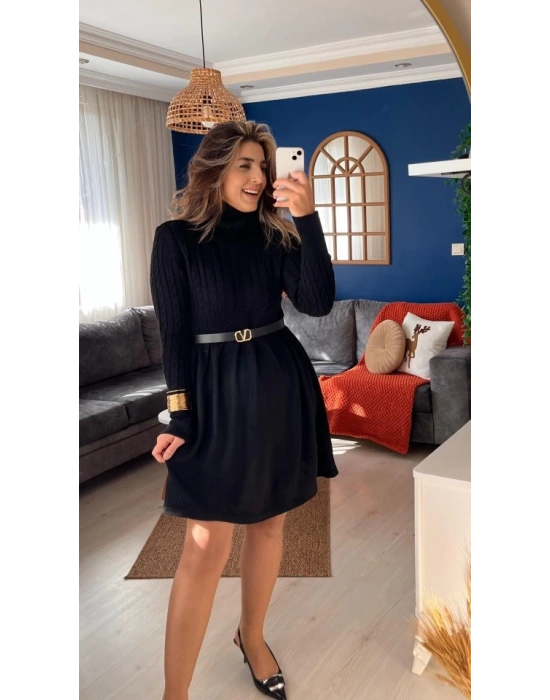 Kadın Uzun Kollu Balıkçı Yaka Belden Yaka Belden Büzgülü Kısa Triko Elbise